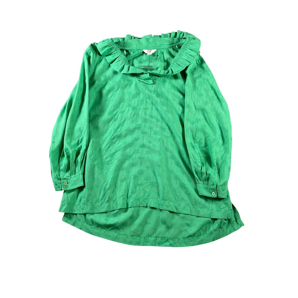 Crown &‎ Ivy Green Palm Tree Jacquard Ruffle V-Neck 3/4 Sleeve Blouse Size Small